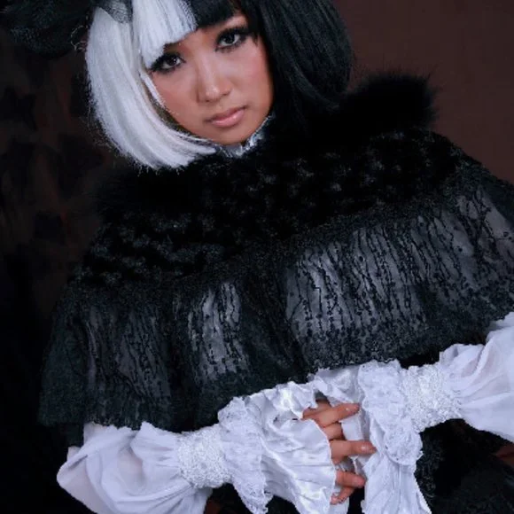 Gothic Lolita Steampunk Victorian Adorable Plush Fur & Lace Black Hooded Cape OS - Picture 9 of 11